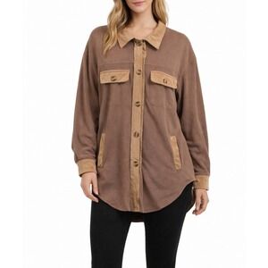 Fleece Shacket Women Medium Brown New Button Down‎ Long Sleeve Oversized